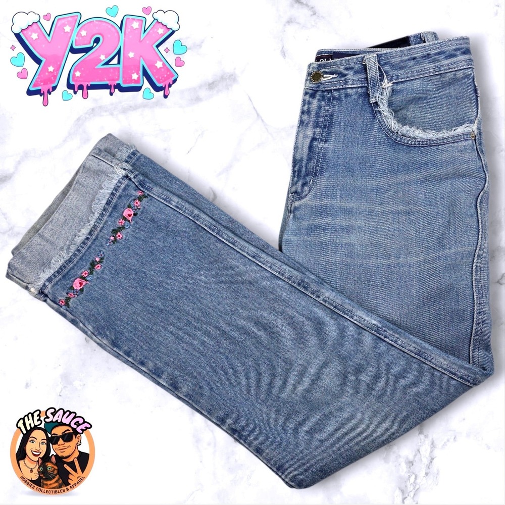 Vtg Floral Jeans Womens 10 Embroidered‎ Frayed Hem Denim 2000s Boho Cottagecore